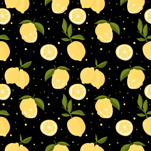 Vector Seamless Pattern Lemons Leaves Black Background Bright Summer Design — Vettoriale Stock