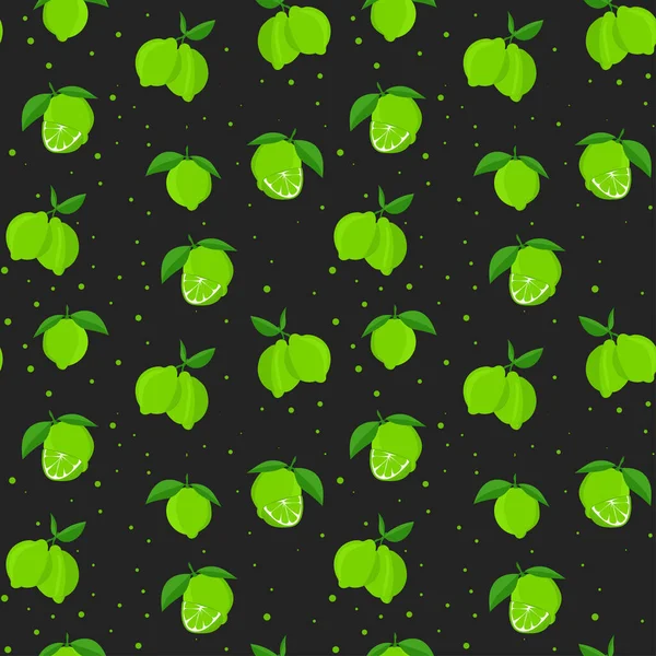 Лайм Зелеными Листьями Цитрусовый Ломтик Черном Фоне Бесшовный Шаблон Векторная — стоковый вектор