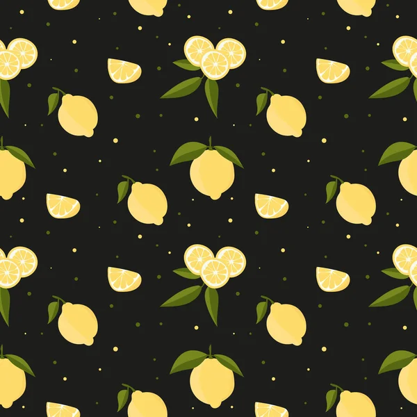 Vector Seamless Pattern Lemons Leaves Black Background — Vettoriale Stock
