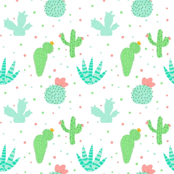 Çizgi film tarzında beyaz bir arka planda kaktüs olan kusursuz bir desen. Çocuk odası tasarımı, duvar kâğıdı, tekstil, ambalaj kağıdı, giysi için hoş bir doku. Vektör illüstrasyonu