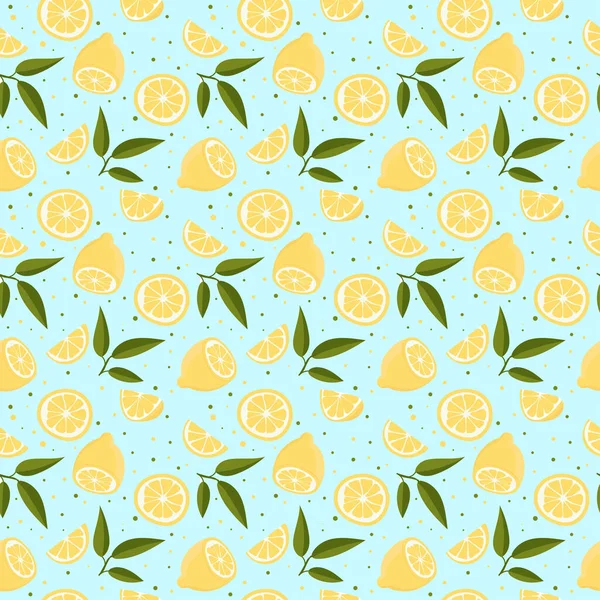 Vector Seamless Pattern Lemons Leaves Blue Background Bright Summer Design — ストックベクタ