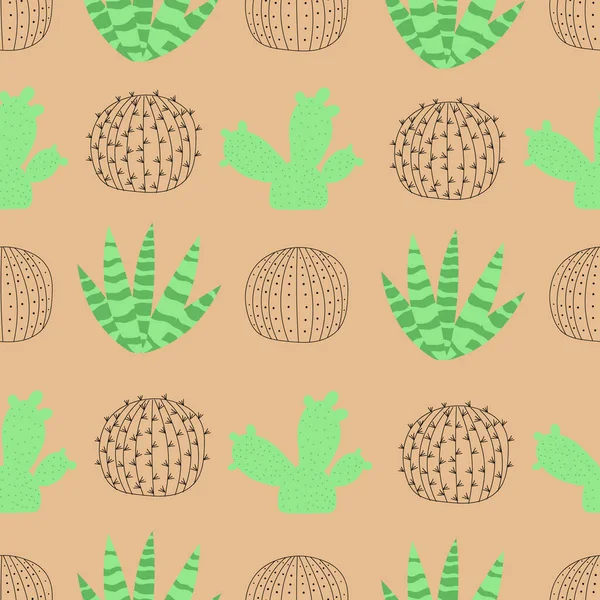 Çizgi film tarzında çöl arka planında kaktüs olan kusursuz desen. Çocuk odası tasarımı, duvar kâğıdı, tekstil, ambalaj kağıdı, giysi için hoş bir doku. Vektör illüstrasyonu