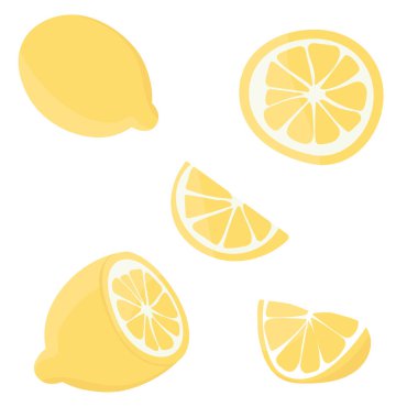 Limonlu olsun. Citrus dilimlere, dilimlere, dairelere ayrılır. Ağaç dalında olgun taze limonlar. Vektör düz resimleme