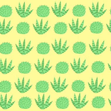 seamless pattern with cactus on yellow background in cartoon style. Cute texture for kids room design, wallpaper, textile, wrapping paper, clothes. Vector illustration