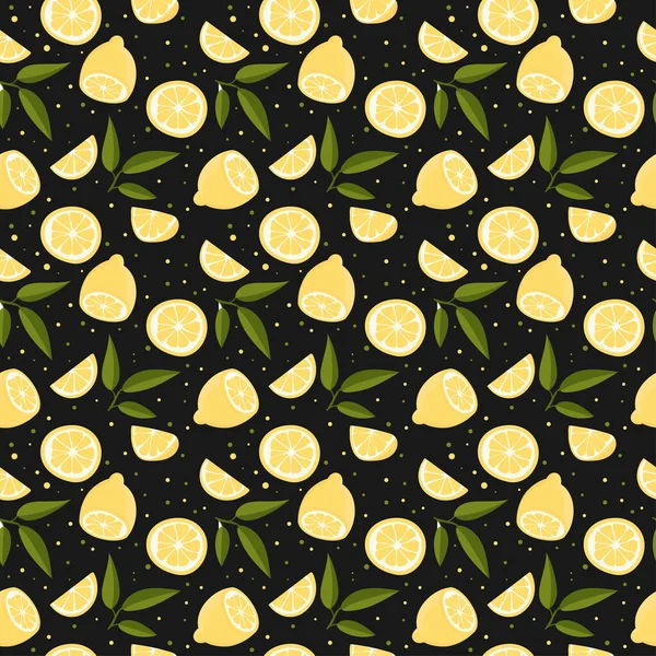 Patrón Sin Costura Vectorial Con Limones Hojas Sobre Fondo Negro — Archivo Imágenes Vectoriales