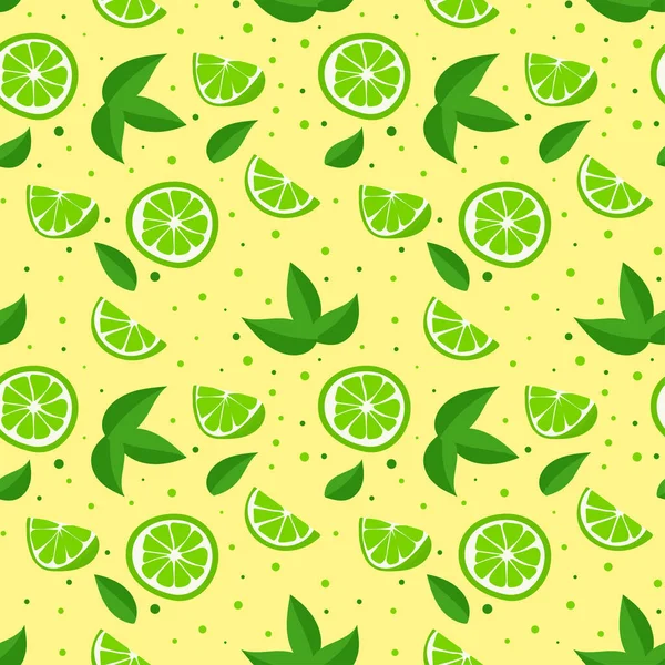 Lime Green Leaves Slice Citrus Fruits Yellow Background Seamless Pattern — Stockvector