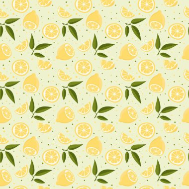 Limonlu ve yapraklı kusursuz bir şablon. Yeşil bir arka planda. Parlak yaz tasarımı