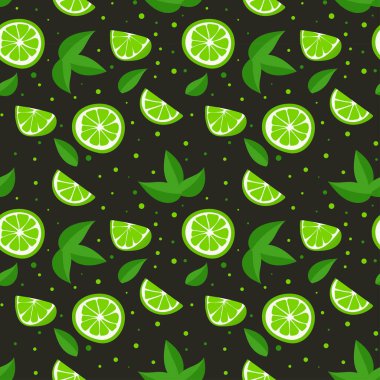 Lime with green leaves, citrus slice on black background. Seamless pattern. Vector illustration. tropical pattern