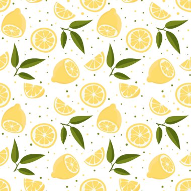 Limonlu ve yapraklı kusursuz bir şablon. Beyaz bir arka planda. Parlak yaz tasarımı