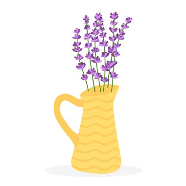 Sarı vazoda lavanta çiçekleri. Vektör illüstrasyonu beyaz arkaplanda izole edildi.