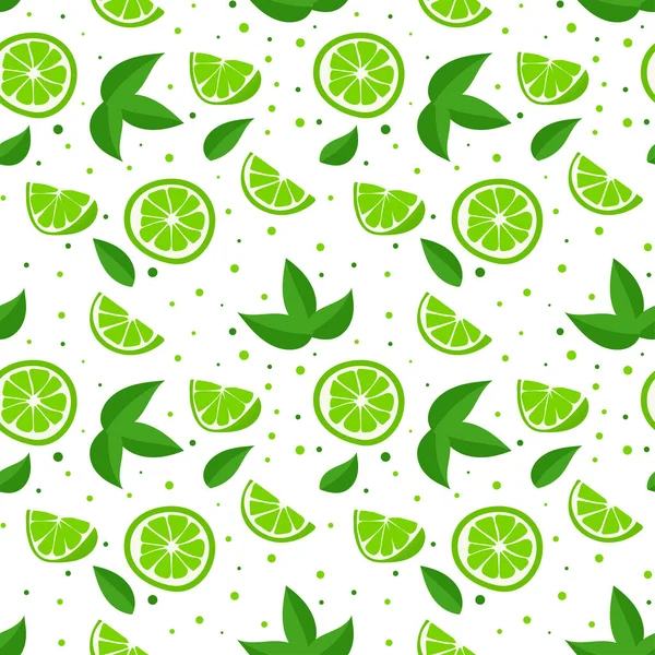 Yeşil yapraklı limon, beyaz arka planda narenciye dilimi. Kusursuz desen. Vektör çizimi. tropik desen