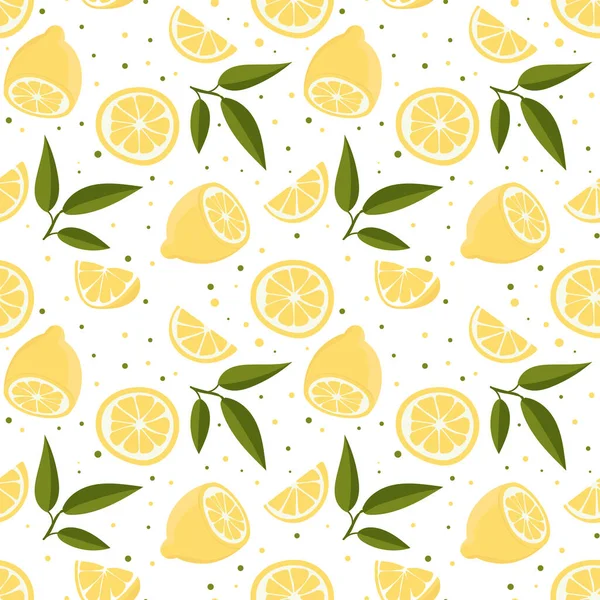 Vector Seamless Pattern Lemons Leaves White Background Bright Summer Design — Vettoriale Stock