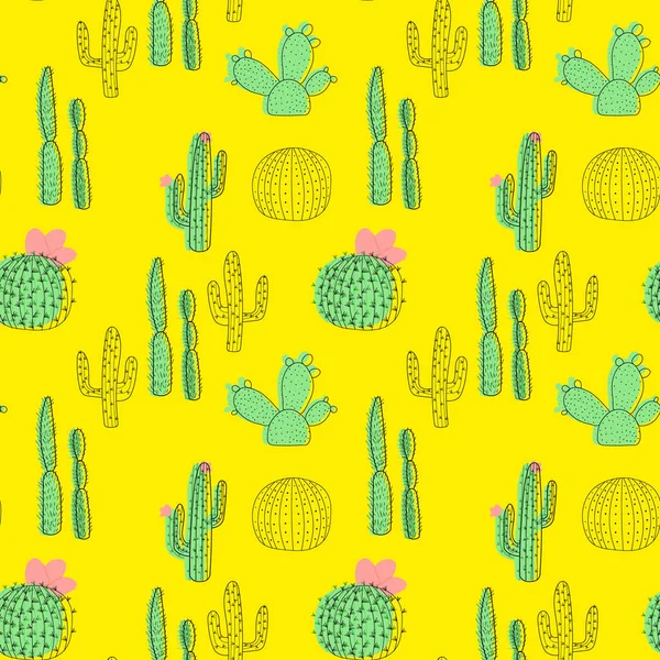 Çizgi film tarzında sarı arka planda kaktüs olan kusursuz bir desen. Çocuk odası tasarımı, duvar kâğıdı, tekstil, ambalaj kağıdı, giysi için hoş bir doku. Vektör illüstrasyonu