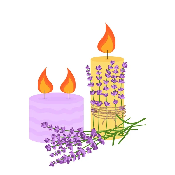 Candles Lavender Sprigs Vector Illustration Isolated White Background — Stok Vektör