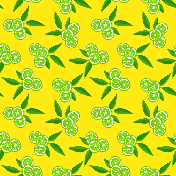 Lime Green Leaves Slice Citrus Fruits Yellow Background Seamless Pattern — Vettoriale Stock