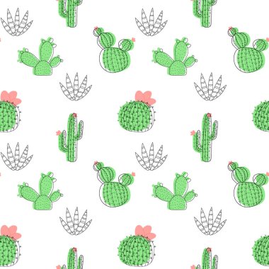 Çizgi film tarzında beyaz bir arka planda kaktüs olan kusursuz bir desen. Çocuk odası tasarımı, duvar kâğıdı, tekstil, ambalaj kağıdı, giysi için hoş bir doku. Vektör illüstrasyonu