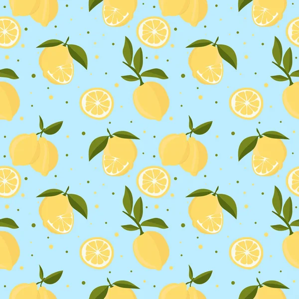 Vector Seamless Pattern Lemons Leaves Blue Background — Vettoriale Stock