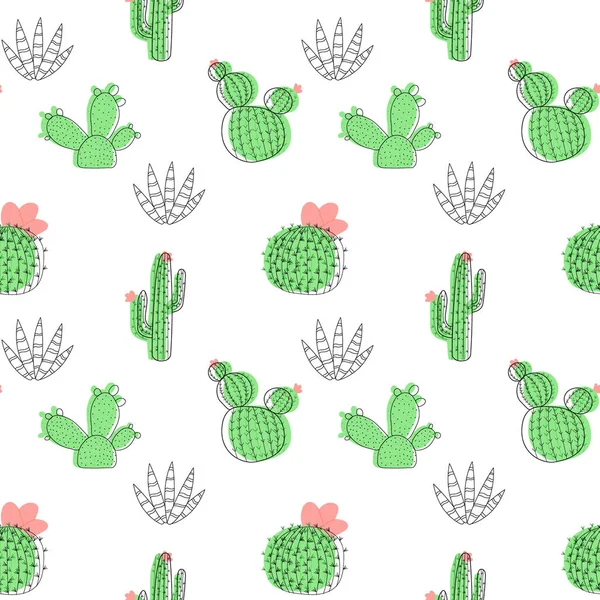 Seamless Pattern Cactus White Background Cartoon Style Cute Texture Kids — Vetor de Stock