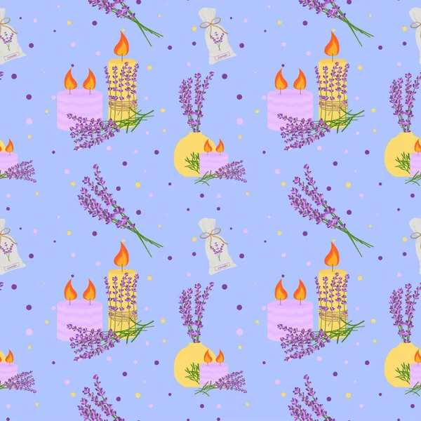 Seamless Pattern Lavender Flowers Flowers Vase Candles Floral Pattern Tablecloth — Vetor de Stock