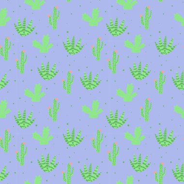 Çizgi film tarzında mavi arka planda kaktüs olan kusursuz bir desen. Çocuk odası tasarımı, duvar kâğıdı, tekstil, ambalaj kağıdı, giysi için hoş bir doku. Vektör illüstrasyonu