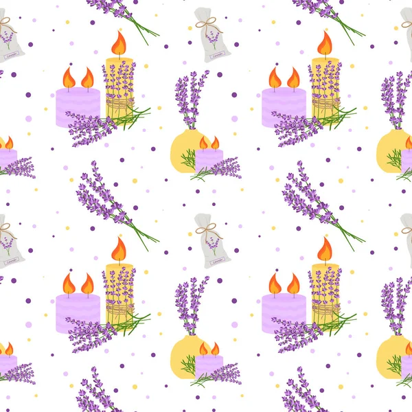 Seamless Pattern Lavender Flowers Flowers Vase Candles Floral Pattern Tablecloth — Vetor de Stock