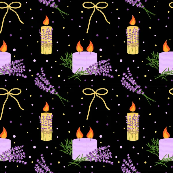 Seamless Pattern Lavender Flowers Candles Lavender Floral Pattern Tablecloth Wallpaper — Vetor de Stock