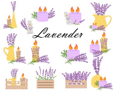 Sarı vazolarda lavanta çiçekleri, lavanta mumları, lavanta buketleri. Büyük lavanta seti