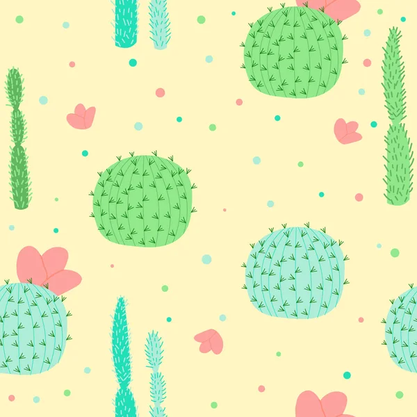 Seamless Pattern Cactus Yellow Background Cartoon Style Cute Texture Kids — Vetor de Stock
