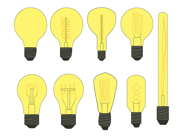 Set Glowing Light Bulb Icons Vector Doodle Illustration Incandescent Light — 스톡 벡터