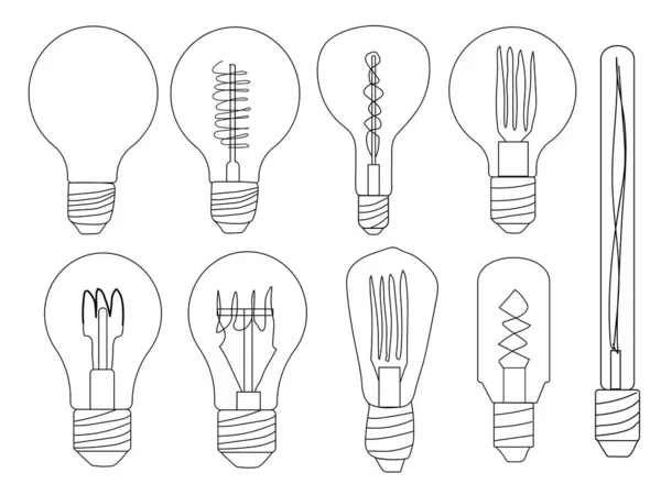 Set Icone Lampadina Illustrazione Doodle Vettoriale Una Lampadina Incandescenza Lampadina — Vettoriale Stock