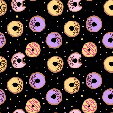 Jöleli çöreklerle kusursuz desen. Siyah bir arka planda parlak sulu desen. Vektör illüstrasyonu