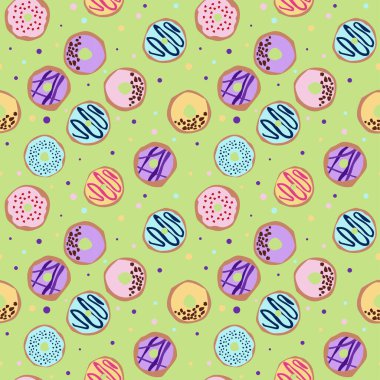 Jöleli çöreklerle kusursuz desen. Yeşil bir arka planda parlak sulu desen. Vektör illüstrasyonu