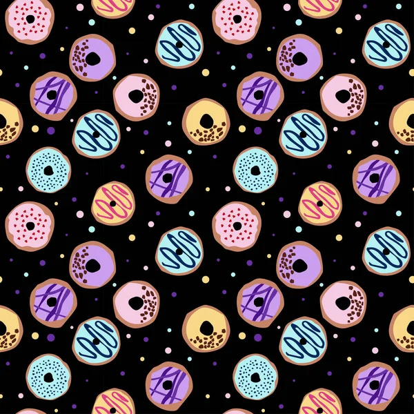 Seamless Pattern Glazed Donuts Bright Juicy Pattern Black Background Vector — Vetor de Stock