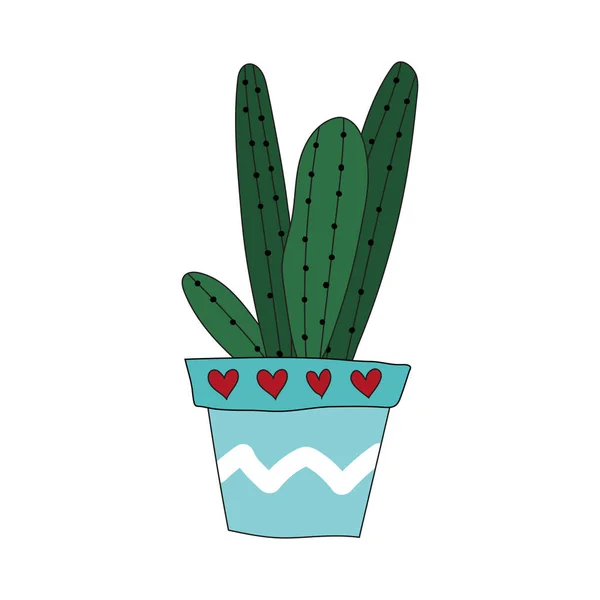 Home Plant Cactus Blue Pot Cute Vector Doodle Illustration House —  Vetores de Stock