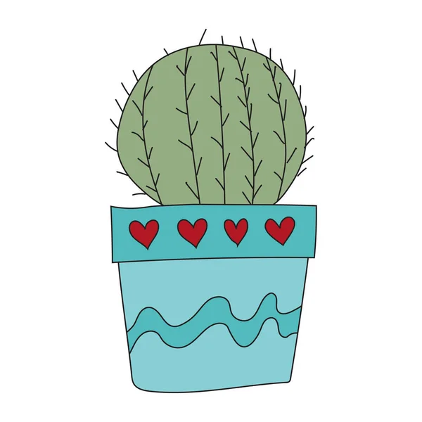 Home Plant Cactus Blue Pot Cute Vector Doodle Illustration House —  Vetores de Stock