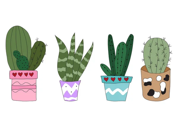 Set Cute Doodle Cacti Pots Vector Illustration Cute Indoor Plants — Vetor de Stock