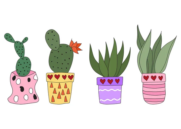 Set Cute Doodle Cacti Pots Vector Illustration Cute Indoor Plants —  Vetores de Stock