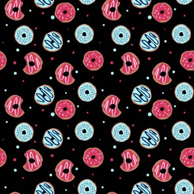 Jöleli çöreklerle kusursuz desen. Siyah bir arka planda parlak sulu desen. Vektör illüstrasyonu