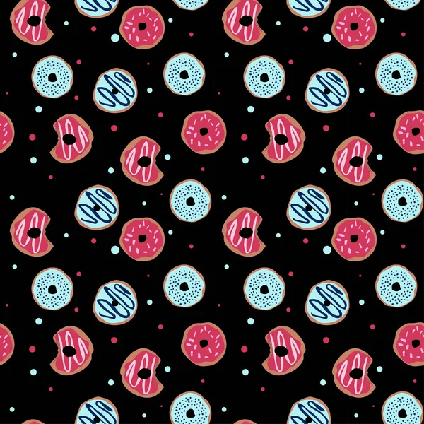 Seamless Pattern Glazed Donuts Bright Juicy Pattern Black Background Vector — Vetor de Stock