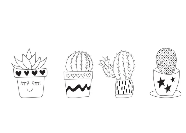 Set Cute Doodle Cacti Slide Vector Illustration Cute Indoor Plants — Image vectorielle