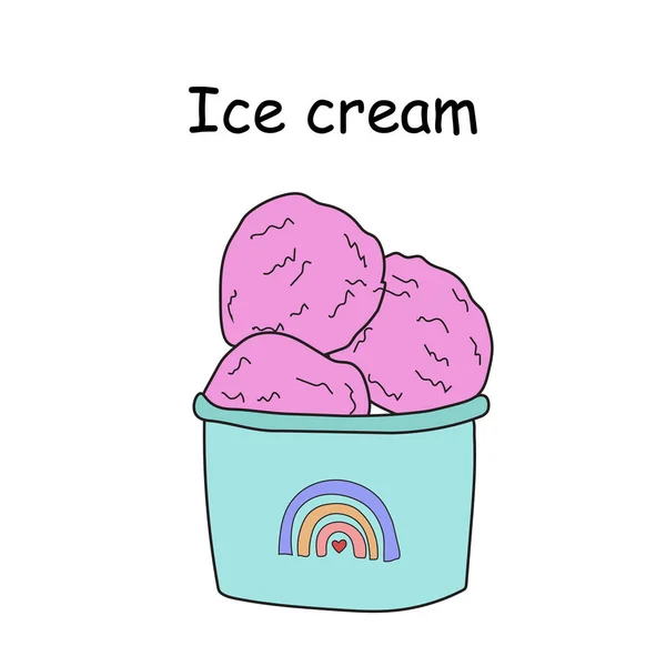 Pink Ice Cream Balls Bucket Ice Cream Vector Doodle Illustration — Stockvektor