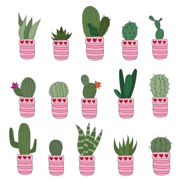 Set Cute Doodle Cacti Pink Pots Vector Illustration Cute Indoor — Vettoriale Stock