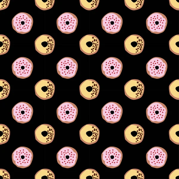 Seamless Pattern Glazed Donuts Bright Juicy Pattern Black Background Vector — Stock Vector