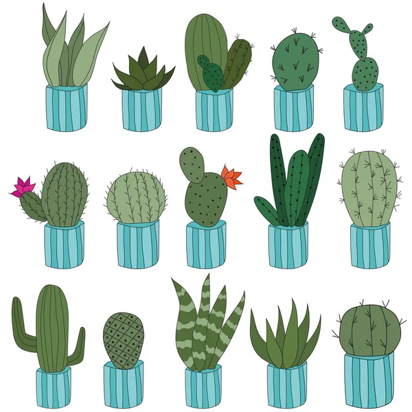 Set Cute Doodle Cacti Blue Pots Vector Illustration Cute Indoor — Vetor de Stock