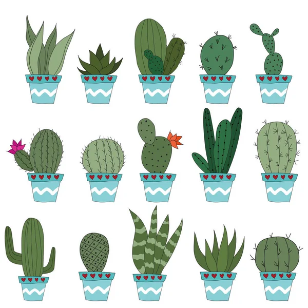 Set Cute Doodle Cacti Blue Pots Vector Illustration Cute Indoor — Vetor de Stock