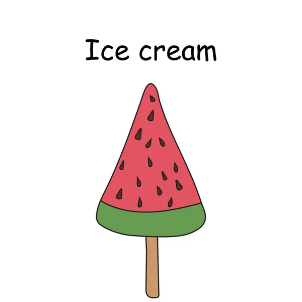 Watermelon ice cream on a stick, frozen ice, ice cream vector doodle illustration.