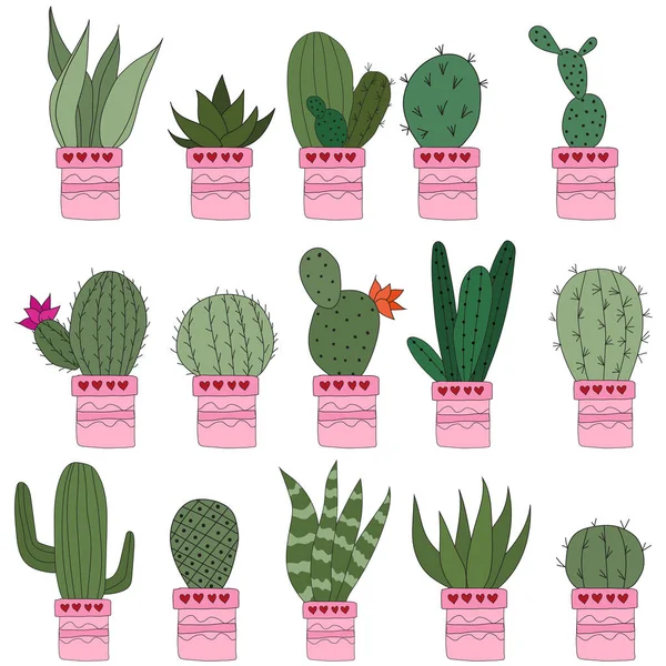 Set Cute Doodle Cacti Pink Pots Vector Illustration Cute Indoor — Vetor de Stock