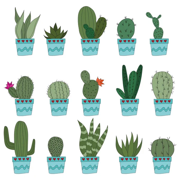 Set Cute Doodle Cacti Blue Pots Vector Illustration Cute Indoor — Vettoriale Stock