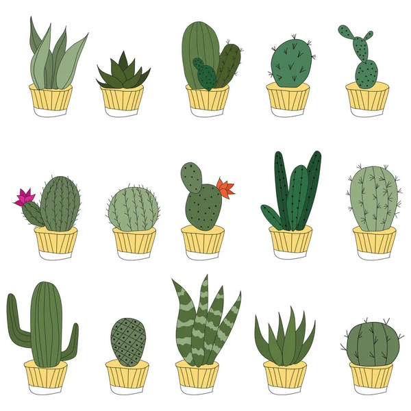 Set Cute Doodle Cacti Yellow Pots Vector Illustration Cute Indoor — Vetor de Stock