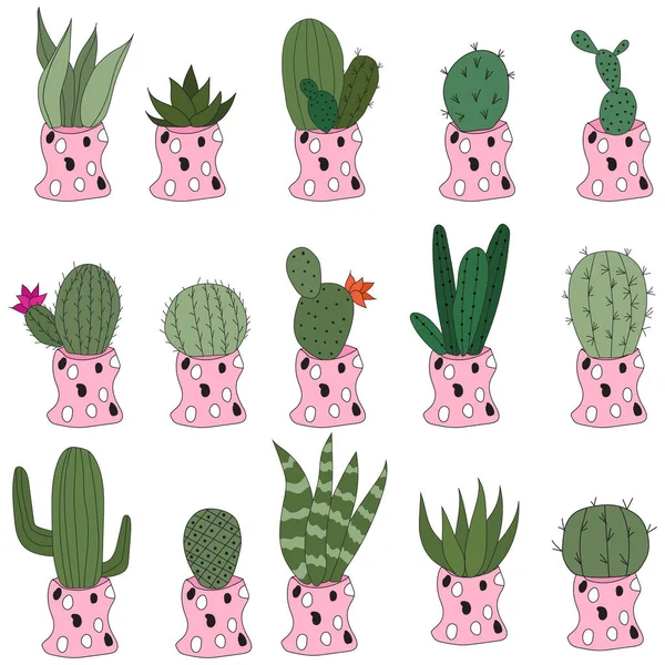 Set Cute Doodle Cacti Pink Pots Vector Illustration Cute Indoor — Vettoriale Stock